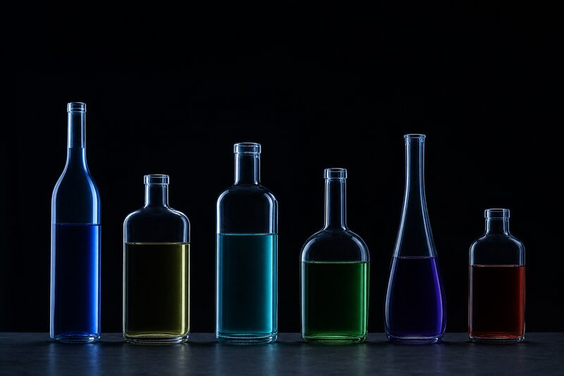 Sei bottiglie di vetro senza etichetta, di sagome differenti, in controluce: si leggono solo la tinta del vetro e il colore del liquido.