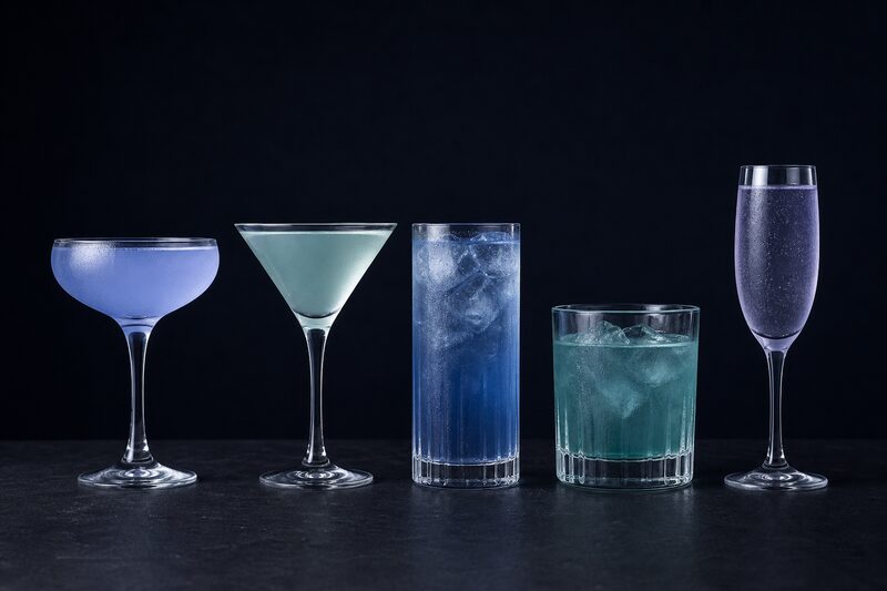 Cinque bicchieri da cocktail di forma diversa allineati con i bordi alla stessa altezza: coppetta, calice a cono, highball, tumbler basso e flûte.